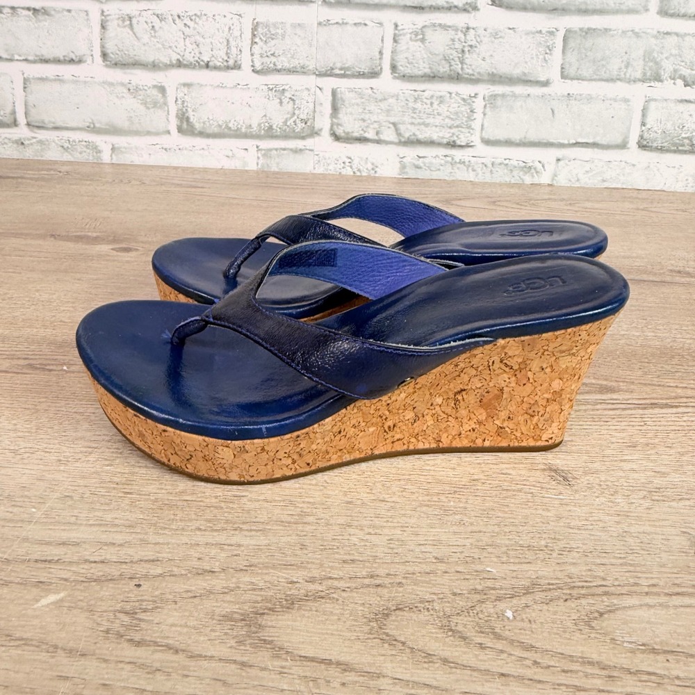 UGG Lucianna Metallic Wedge Sandals Thong Cork Platform Blue Womens 7